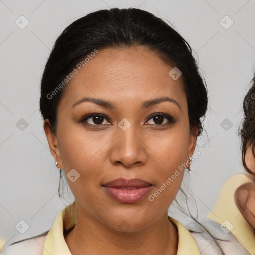 Joyful latino young-adult female with medium  brown hair and brown eyes