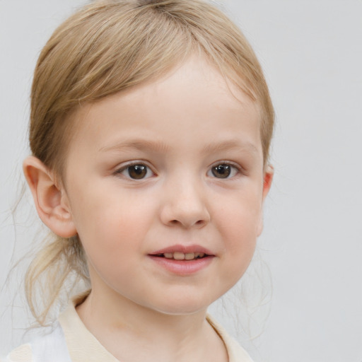 Joyful white child female with medium  brown hair and blue eyes