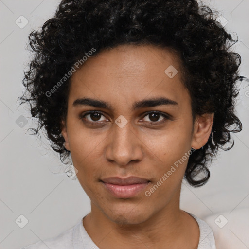 Joyful latino young-adult female with short  black hair and brown eyes