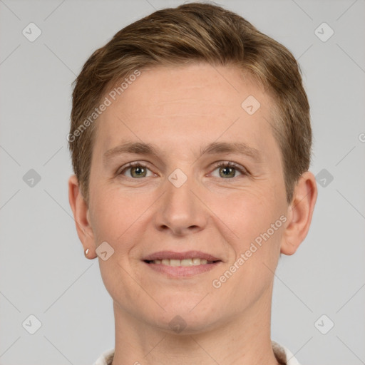 Joyful white young-adult female with short  brown hair and grey eyes