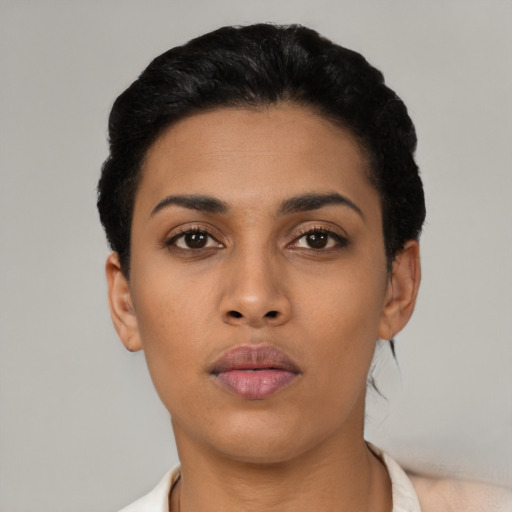 Neutral latino young-adult female with short  black hair and brown eyes