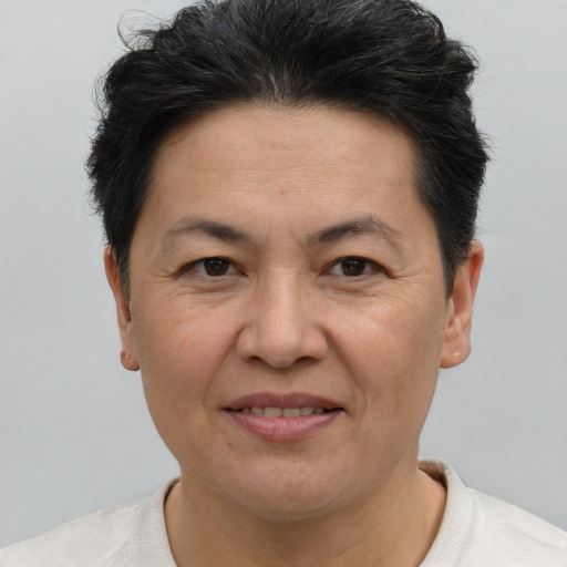 Joyful white adult female with short  brown hair and brown eyes