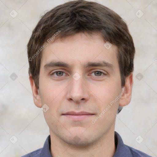 Neutral white young-adult male with short  brown hair and grey eyes