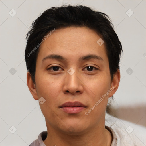 Neutral asian young-adult female with short  black hair and brown eyes