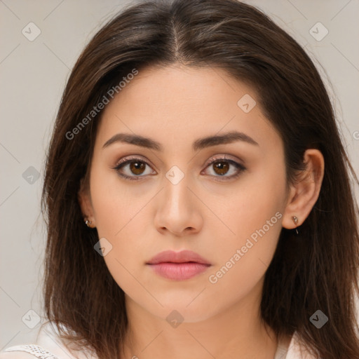 Neutral white young-adult female with long  brown hair and brown eyes