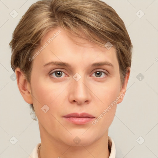 Neutral white young-adult female with short  brown hair and grey eyes