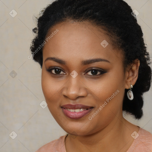 Joyful black young-adult female with long  brown hair and brown eyes