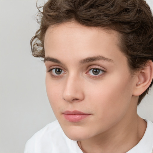 Neutral white young-adult female with short  brown hair and brown eyes