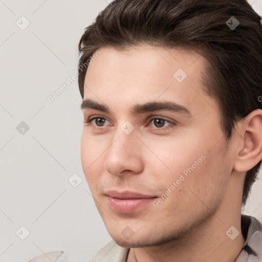 Neutral white young-adult male with short  brown hair and brown eyes