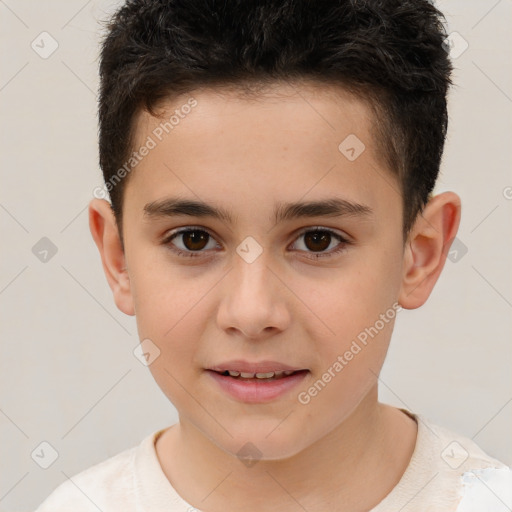 Joyful white child male with short  brown hair and brown eyes