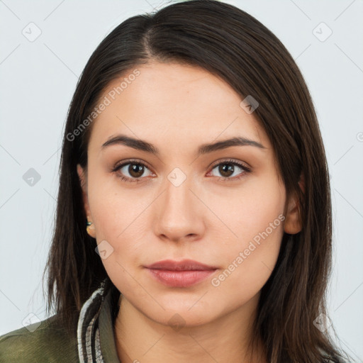 Neutral white young-adult female with long  brown hair and brown eyes