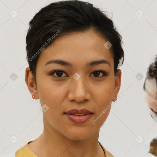 Joyful latino young-adult female with short  brown hair and brown eyes