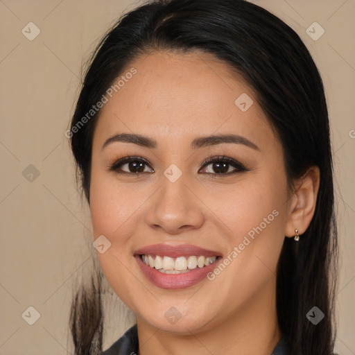 Joyful white young-adult female with long  brown hair and brown eyes