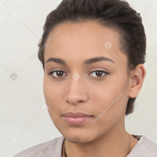 Neutral white young-adult female with short  brown hair and brown eyes