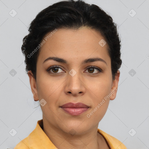 Joyful latino young-adult female with short  brown hair and brown eyes