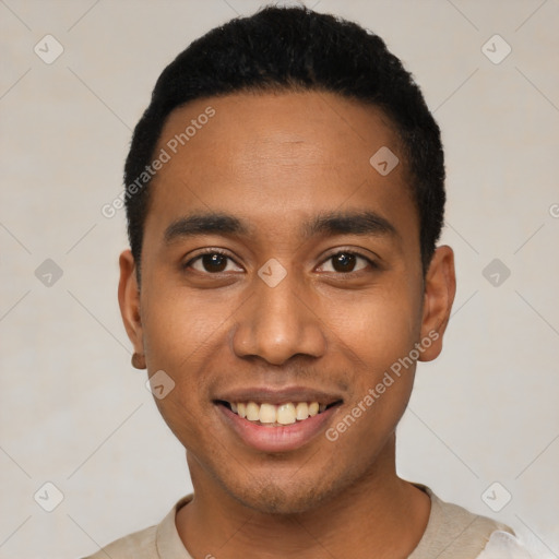 Joyful latino young-adult male with short  black hair and brown eyes