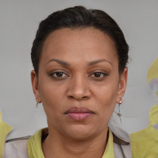 Joyful black adult female with short  brown hair and brown eyes