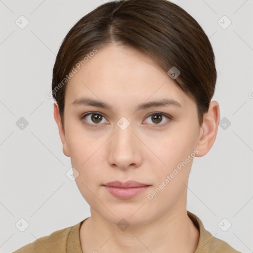 Neutral white young-adult female with short  brown hair and brown eyes