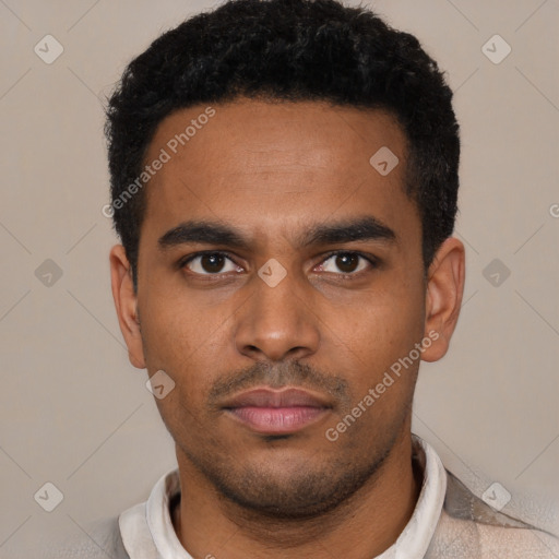 Neutral latino young-adult male with short  black hair and brown eyes