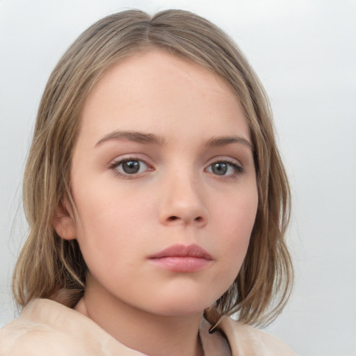 Neutral white child female with medium  brown hair and grey eyes