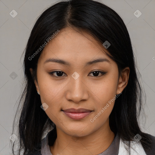 Joyful asian young-adult female with medium  black hair and brown eyes