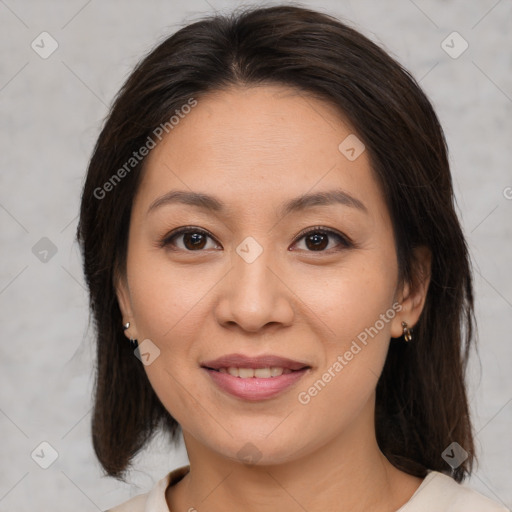 Joyful white young-adult female with medium  brown hair and brown eyes