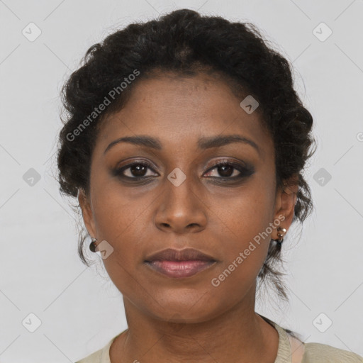 Neutral black young-adult female with short  brown hair and brown eyes