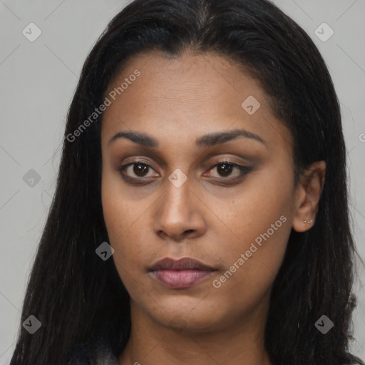 Neutral latino young-adult female with long  brown hair and brown eyes