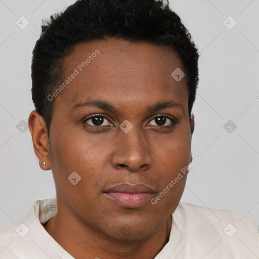 Neutral black young-adult female with short  brown hair and brown eyes