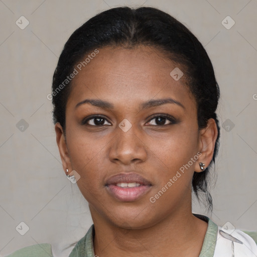 Neutral black young-adult female with short  black hair and brown eyes