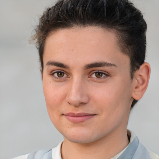 Joyful white young-adult female with short  brown hair and brown eyes