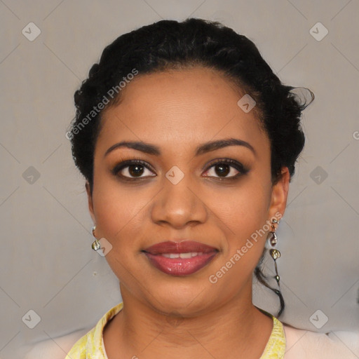 Joyful latino young-adult female with short  black hair and brown eyes