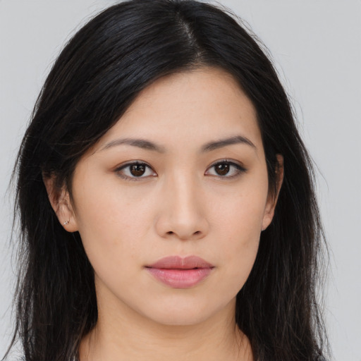 Neutral asian young-adult female with long  black hair and brown eyes