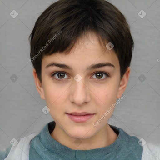 Neutral white young-adult female with short  brown hair and brown eyes