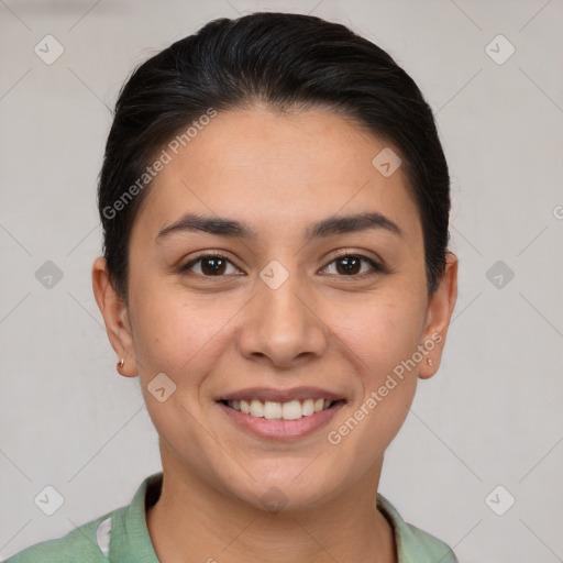 Joyful white young-adult female with short  brown hair and brown eyes