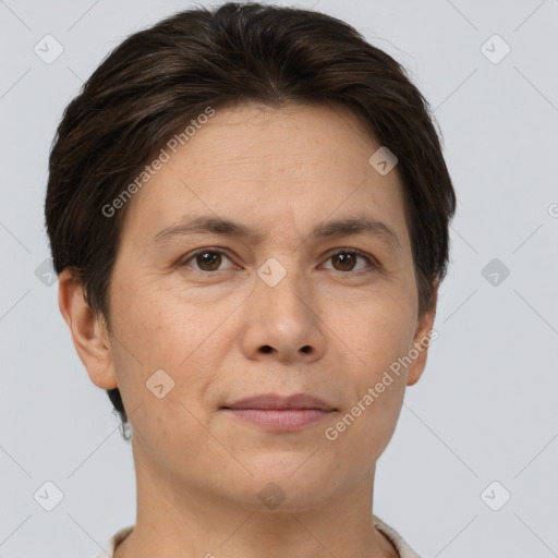 Joyful white adult female with short  brown hair and brown eyes