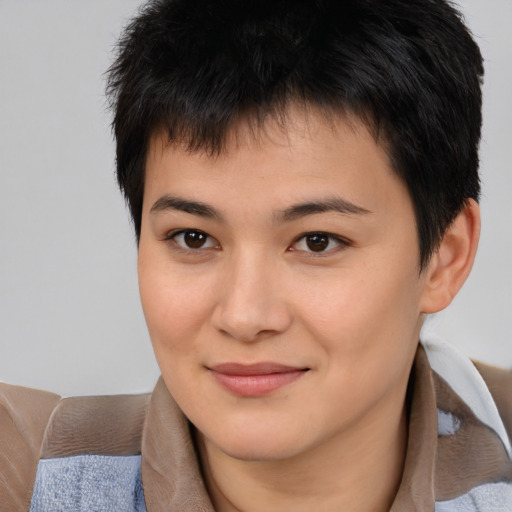 Joyful asian young-adult male with short  brown hair and brown eyes
