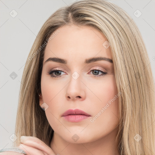 Neutral white young-adult female with long  brown hair and brown eyes