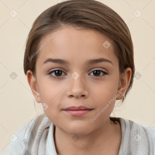 Joyful white child female with medium  brown hair and brown eyes