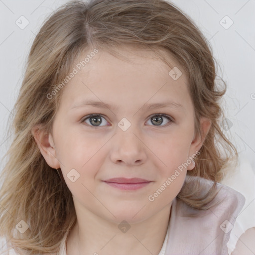 Joyful white child female with medium  brown hair and blue eyes