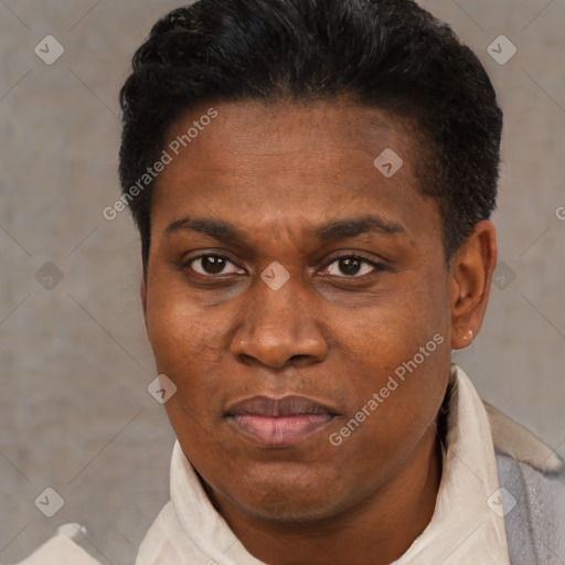 Joyful black adult female with short  black hair and brown eyes