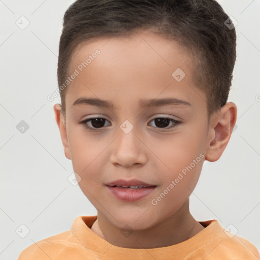 Joyful white child female with short  brown hair and brown eyes