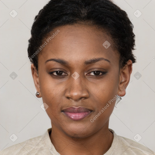 Joyful latino young-adult female with short  black hair and brown eyes