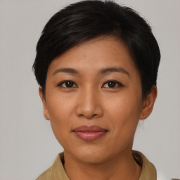 Neutral asian young-adult female with short  black hair and brown eyes