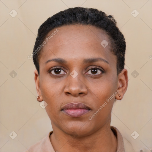 Neutral black young-adult female with short  black hair and brown eyes