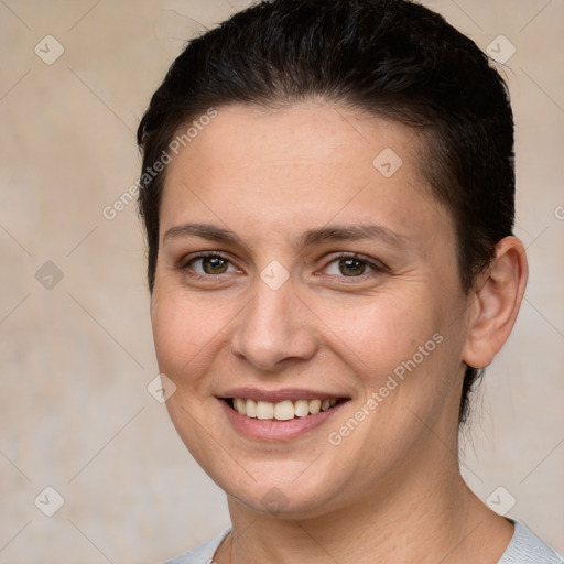 Joyful white young-adult female with short  brown hair and brown eyes