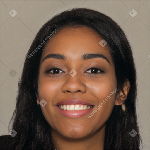 Joyful latino young-adult female with long  black hair and brown eyes