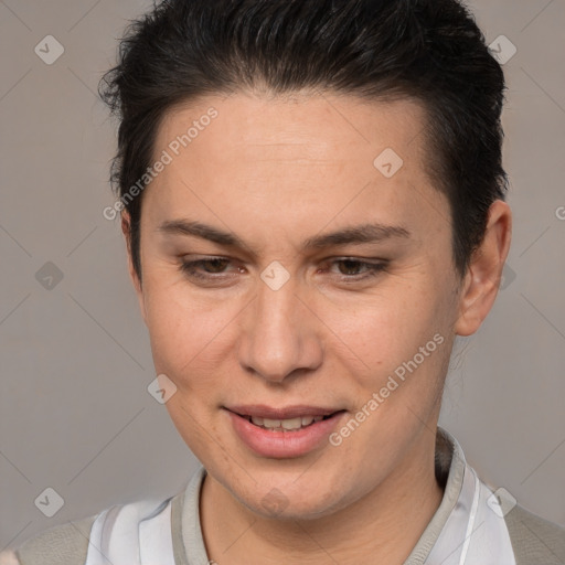 Joyful white adult female with short  brown hair and brown eyes