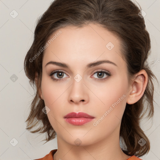 Neutral white young-adult female with medium  brown hair and brown eyes