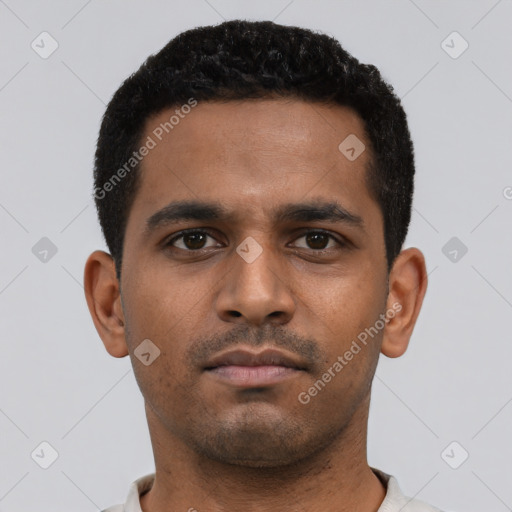 Neutral latino young-adult male with short  black hair and brown eyes